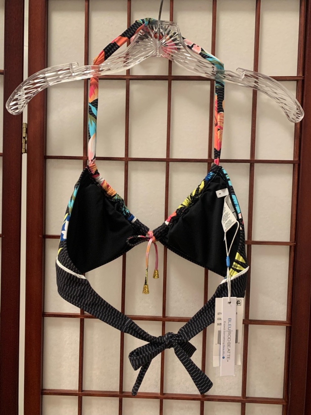 NWT Bleu Rod Beattie Black Multicolor Triangle Bikini Top with Halter Ties SZ 6 - Picture 4 of 11